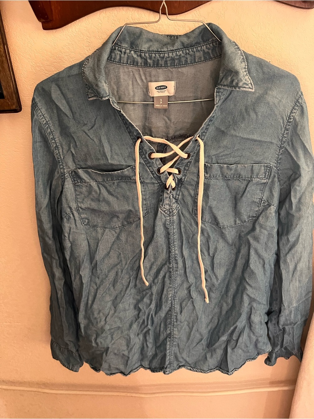 Old Navy Light Blue Lace-Up Denim Blouse